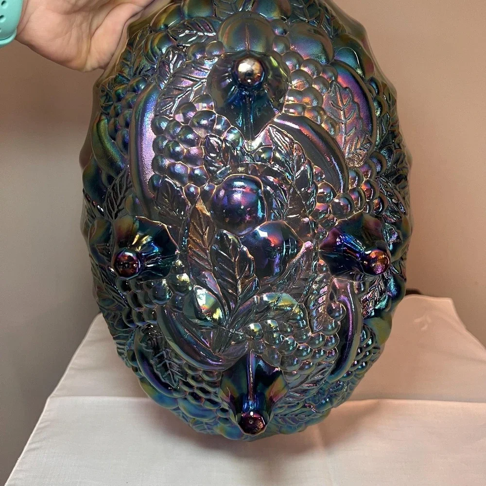 Vintage Carnival Glass Blue Iridescent Footed Fruit Bowl Harvest Pattern 12